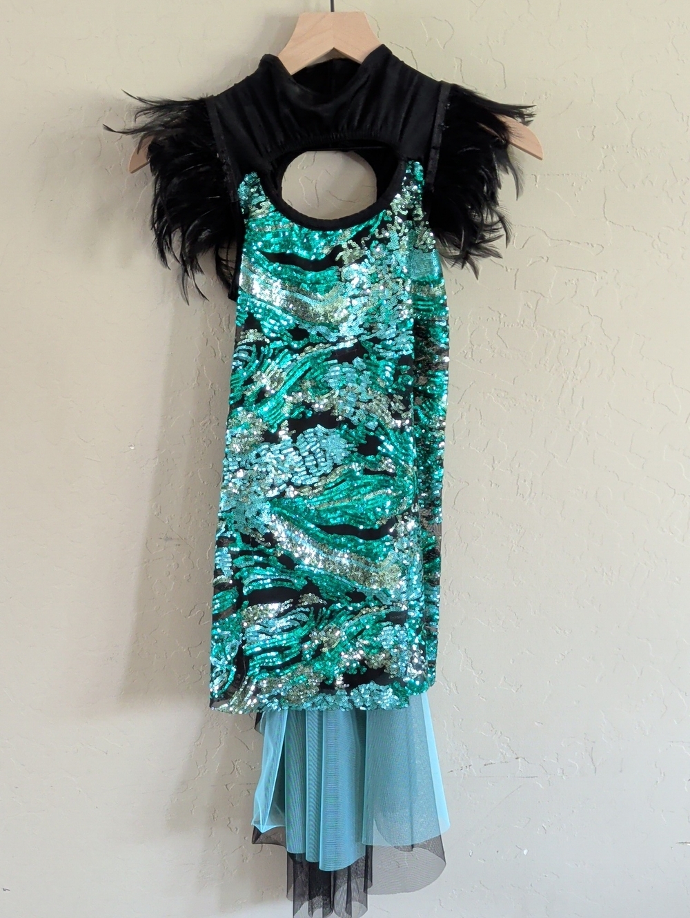 Women's Teal Sequin Feather-Trim Dress